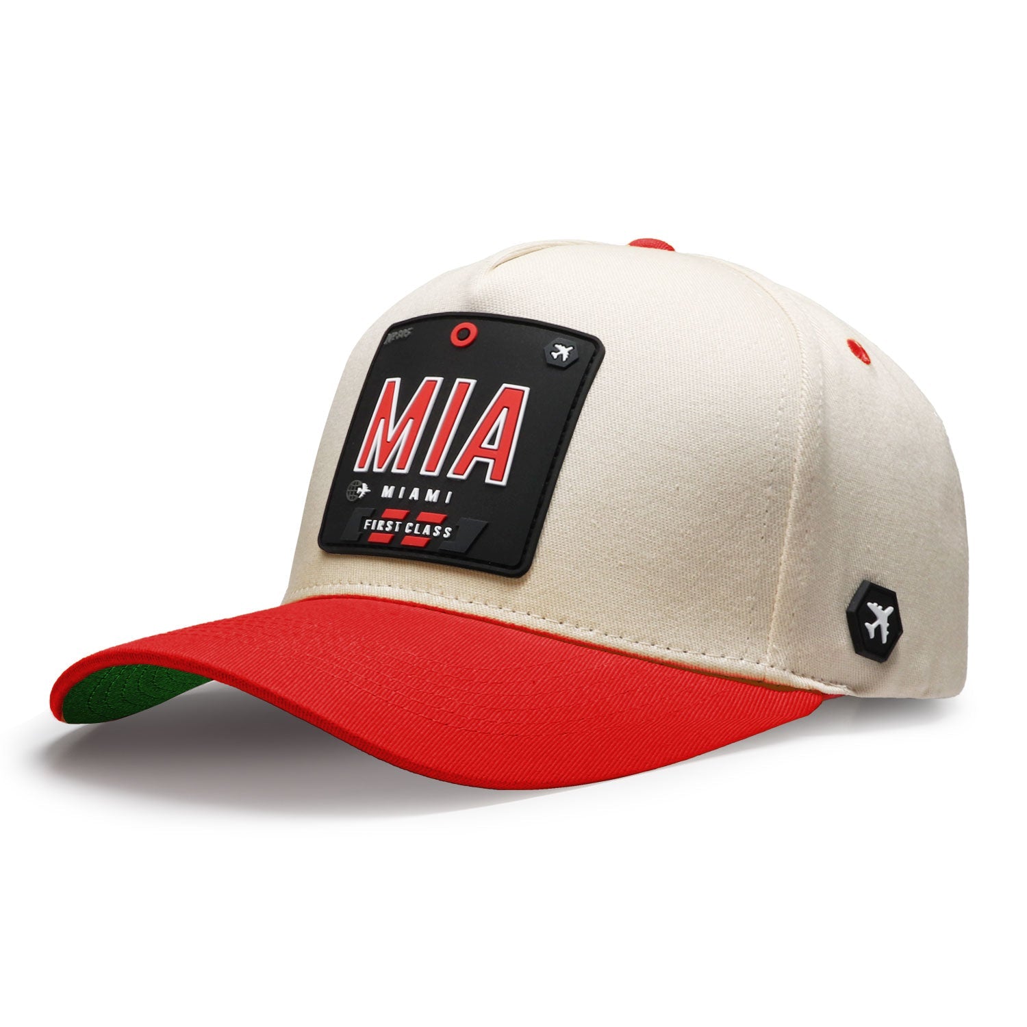 Miami trucker hat with MIA patch in natural cream and red colorway