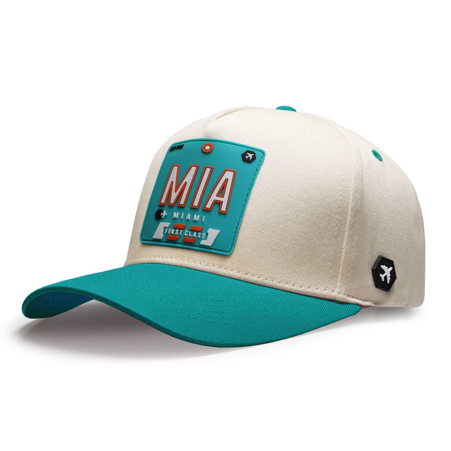 Miami trucker hat with MIA luggage tag patch in natural and teal colors