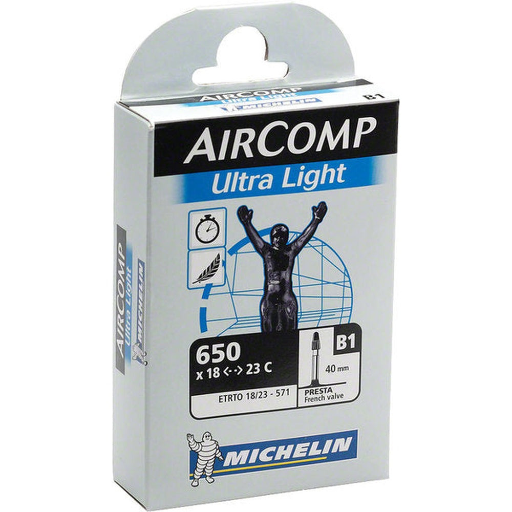 Michelin Aircomp Ultra Light bicycle tube packaging box with blue and black text
