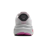 Brooks Ghost 17 women's running shoe in oyster gray with pink outsole accents, heel view