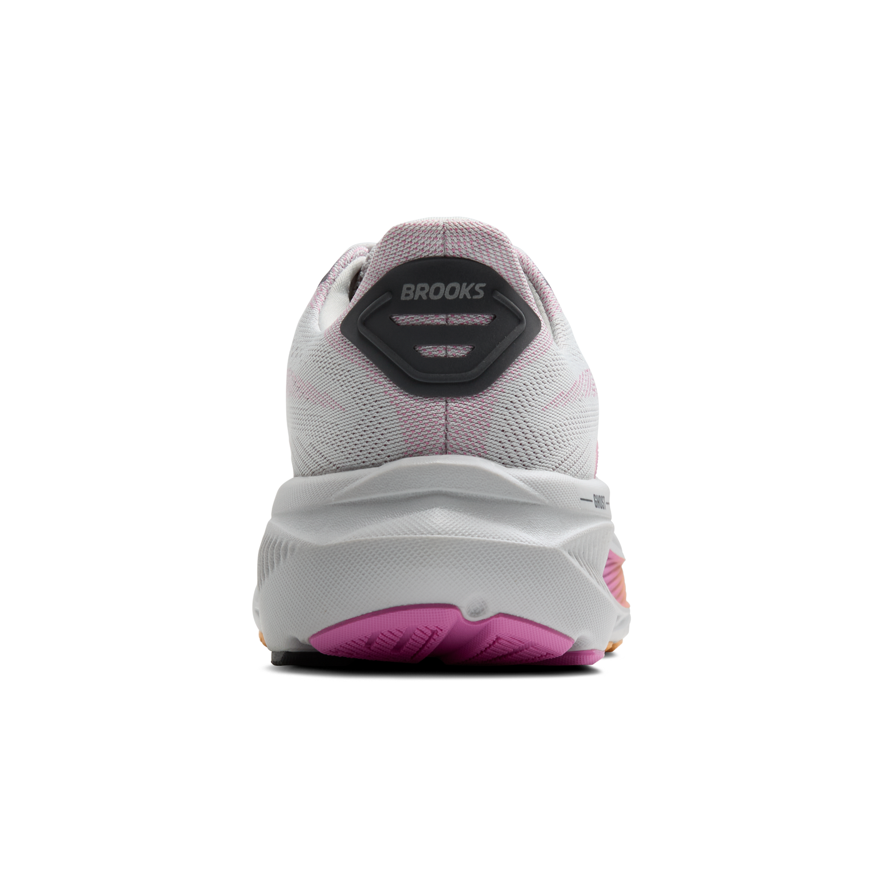 Brooks Ghost 17 women's running shoe in oyster gray with pink outsole accents, heel view