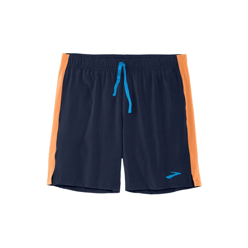 Brooks Moment 7-inch men's running shorts in navy with orange side stripes