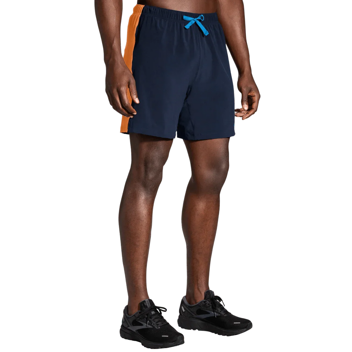 Brooks Moment 7-inch men's running shorts in navy with orange side stripe