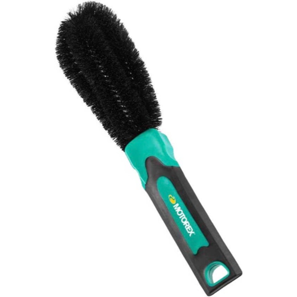 Motorex cleaning brush with black bristles and teal ergonomic handle