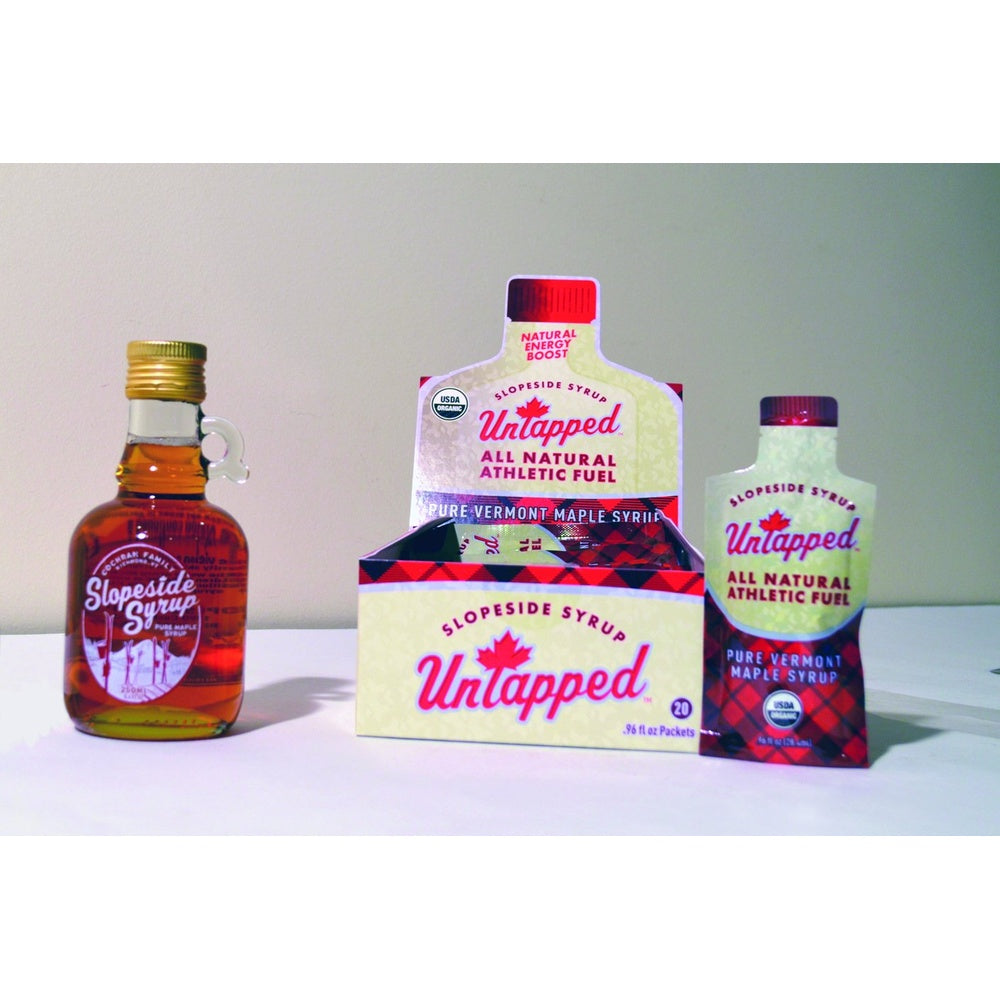 UnTapped Slopeside Syrup All Natural Athletic Fuel Pure Vermont Maple Syrup packets and box
