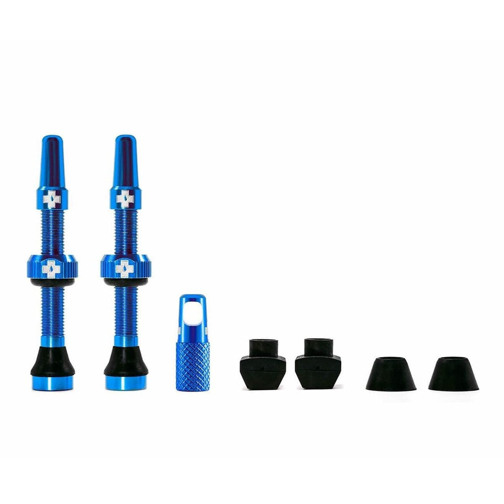 Muc-Off V2 Tubeless 44mm valve kit in blue with components laid out