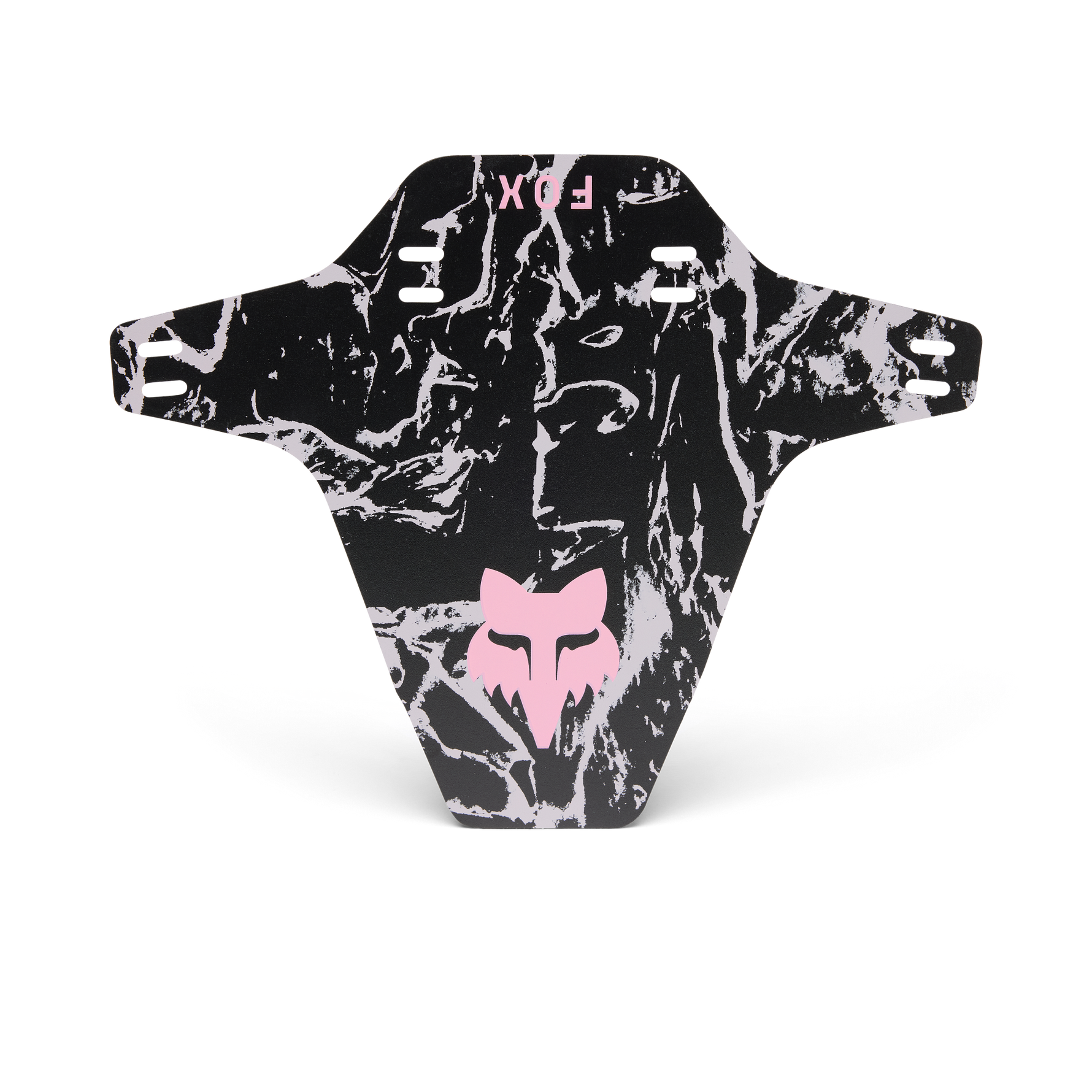 Fox Racing mudguard in black and white marble pattern with pink fox logo