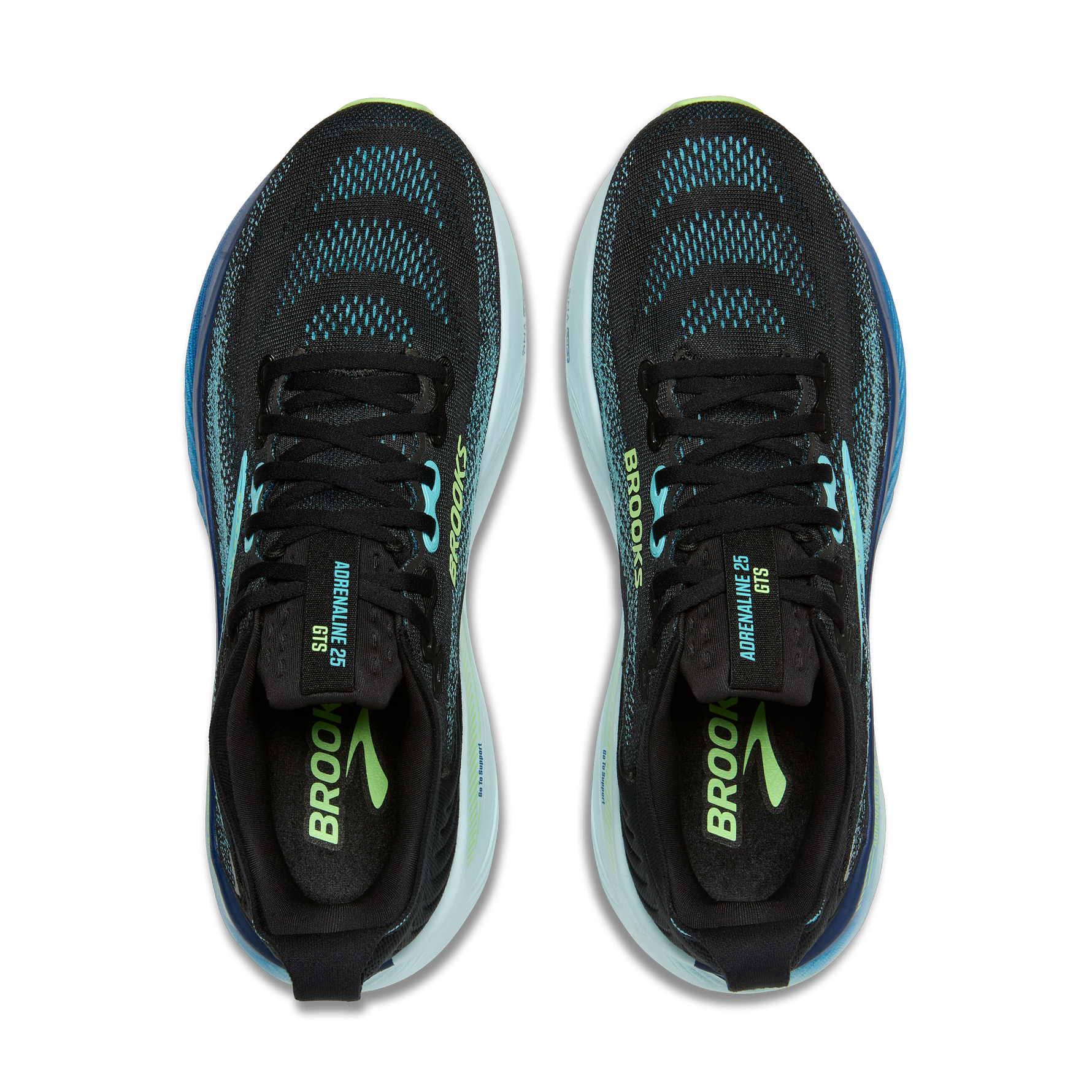 Brooks Adrenaline GTS 25 men's running shoes in black with blue and mint accents