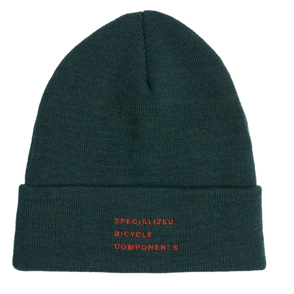 Specialized Bicycle Components forest green ribbed knit tall fold beanie with orange embroidery