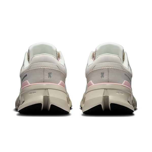 On Cloudrunner 2 women's running shoes in silver and mauve colorway, rear view