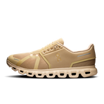 On Cloud 6 running shoes in chai and sand colorway with signature cloud sole