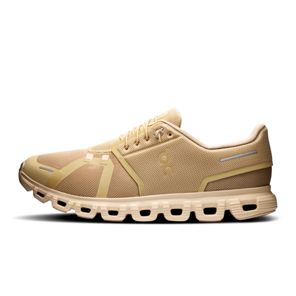 On Cloud 6 running shoes in chai and sand colorway with signature cloud sole