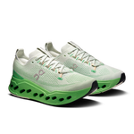 On Cloudsurfer Max women's running shoes in mineral/honeydew colorway with distinctive green sole