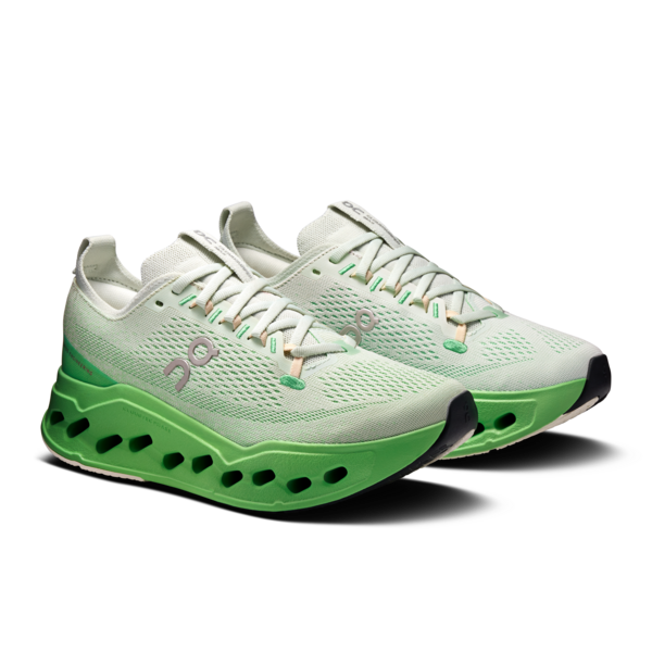 On Cloudsurfer Max women's running shoes in mineral/honeydew colorway with distinctive green sole