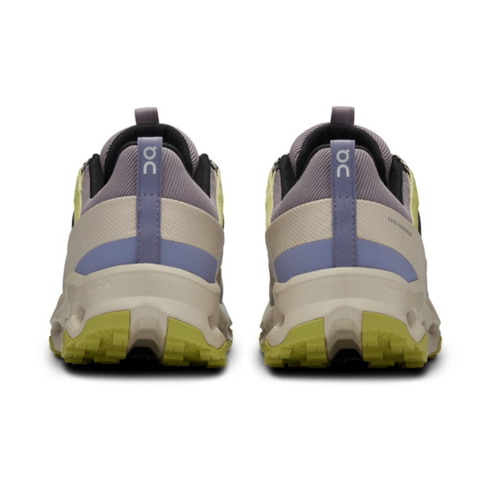 On Cloudhorizon running shoes in zinc sand colorway with purple accents rear view