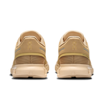 On Cloud 6 running shoes in chai and sand colorway, rear view