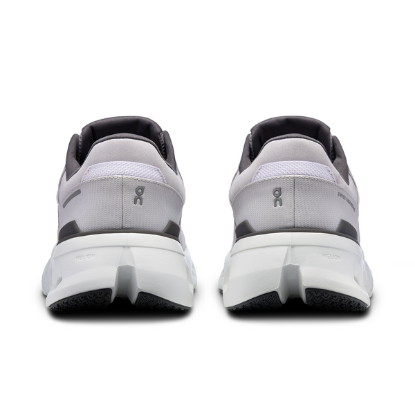 On Cloudrunner 2 men's running shoes in frost gray and white colorway, rear view
