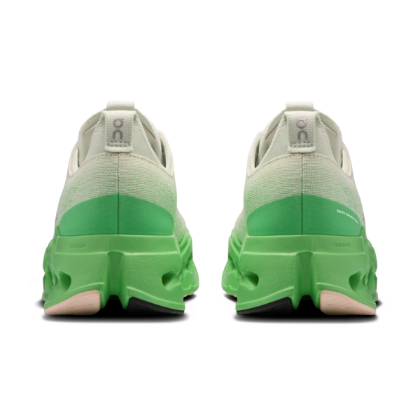 On Cloudsurfer Max women's running shoes in mineral/honeydew colorway, rear view showing green gradient design
