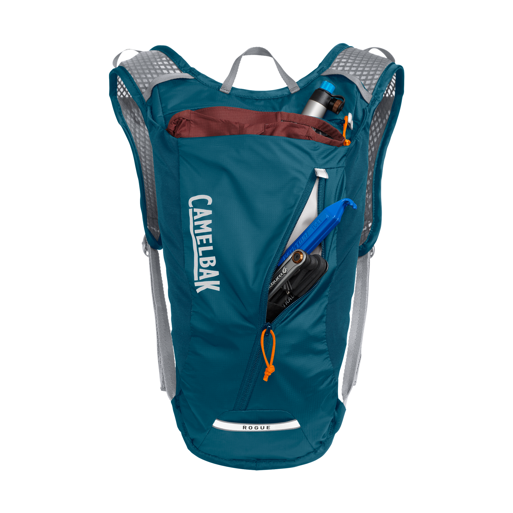 CamelBak Rogue Light 7 hydration backpack in moroccan blue with compartments open showing contents