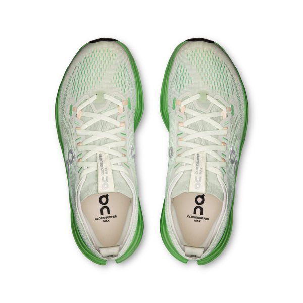 On Cloudsurfer Max women's running shoes in mineral/honeydew colorway from above