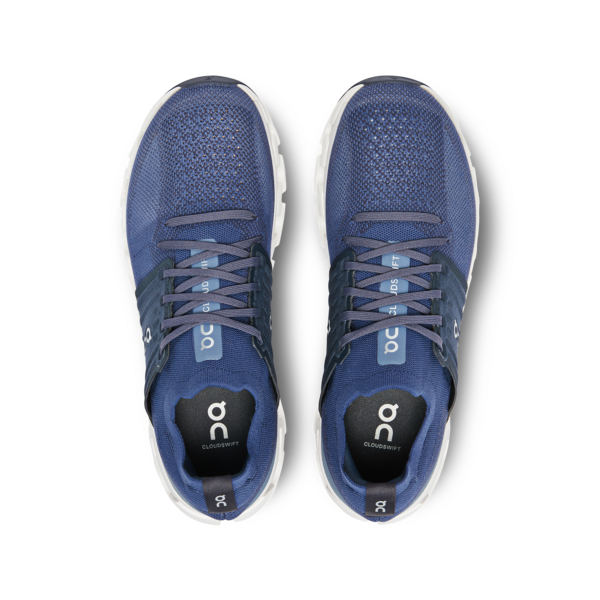 On Cloudswift 3 running shoes in denim blue with navy accents, top view