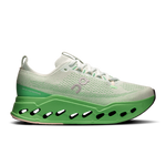 On Cloudsurfer Max women's running shoe in mineral/honeydew colorway with green sole