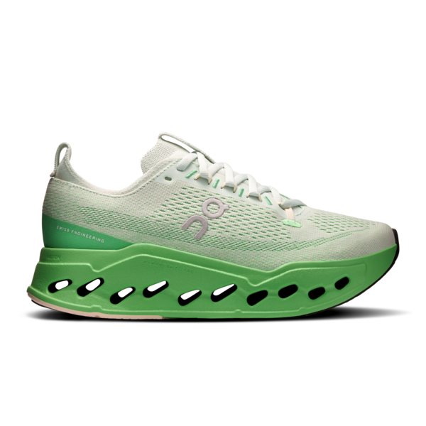 On Cloudsurfer Max women's running shoe in mineral/honeydew colorway with green sole