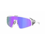 Oakley Latch Panel sunglasses with clear frame and purple-blue Prizm Violet lenses