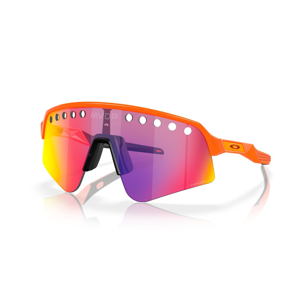Oakley Sutro Lite Sweep sunglasses with orange frame and rainbow mirrored lens