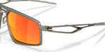 Close-up detail of Oakley Bushwick temple hinge and Prizm Ruby lens on gunmetal frame
