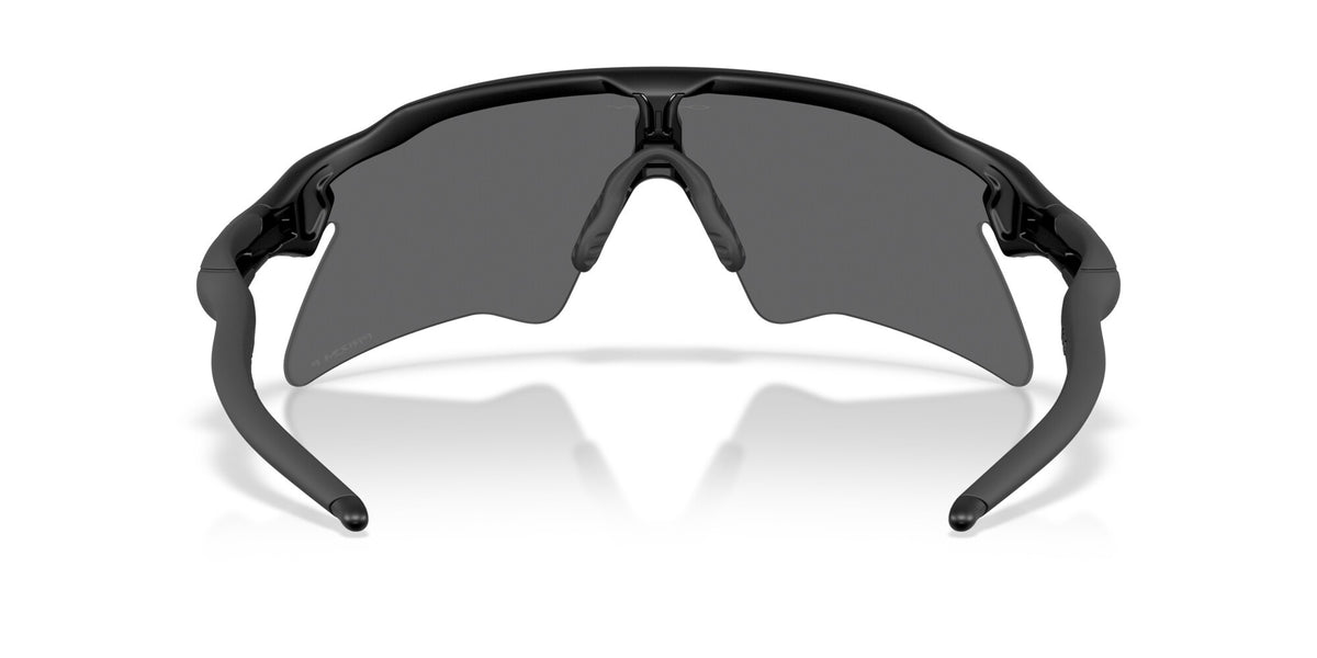 Oakley Radar EV Heater sunglasses rear view showing matte black frame and dark polarized lens interior