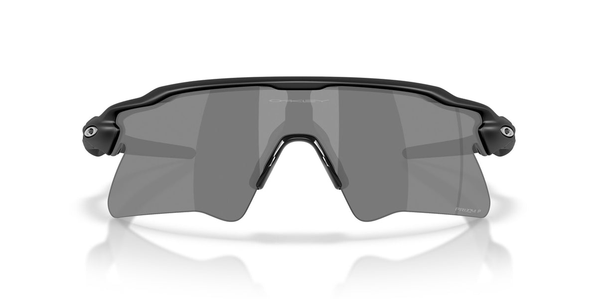 Oakley Radar EV Heater sunglasses front view with matte black frame and Prizm Black polarized shield lens