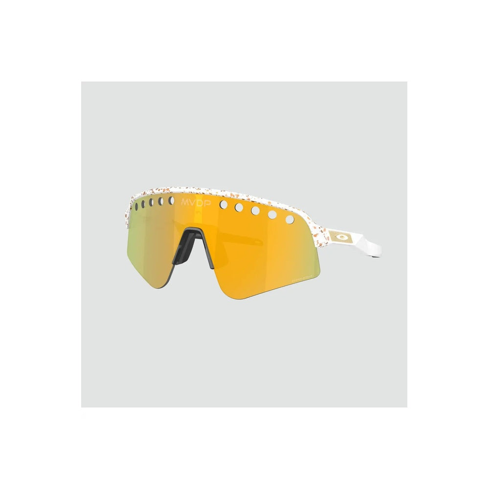 Oakley Sutro Lite Sweep sunglasses with speckled white frame and gold mirrored lens
