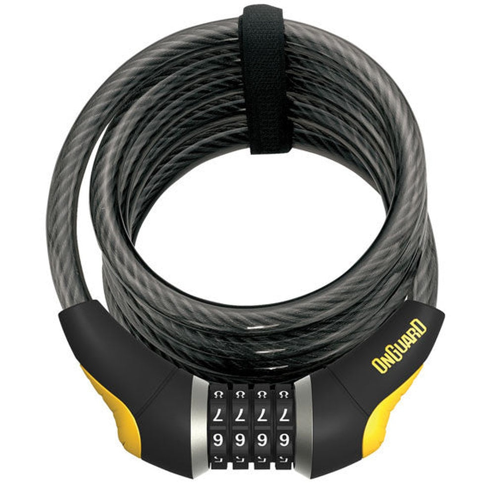 OnGuard Doberman resettable combination cable lock, black and yellow, coiled 185cm