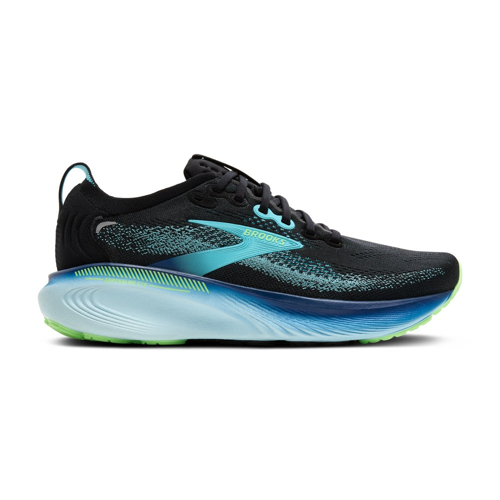 Brooks Adrenaline GTS 25 men's running shoe in black with blue-green gradient sole