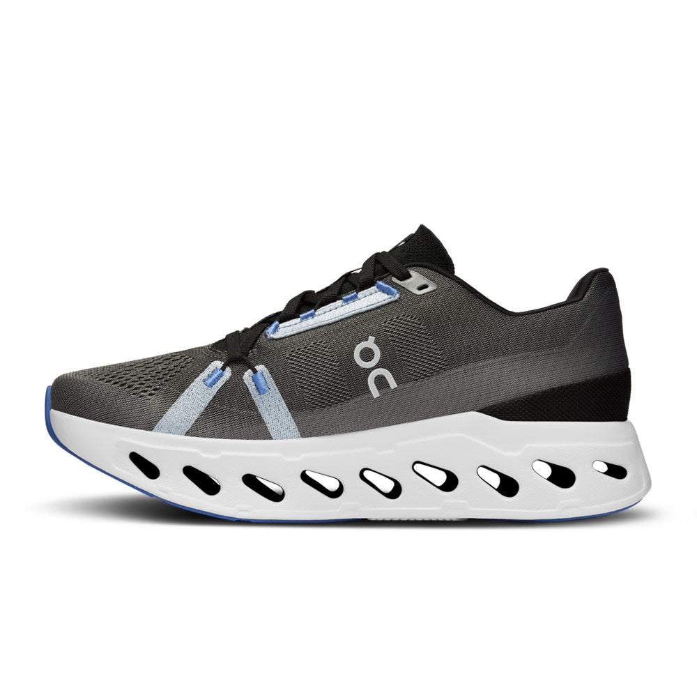 On Cloudeclipse running shoe in dark gray with blue accents and white CloudTec sole