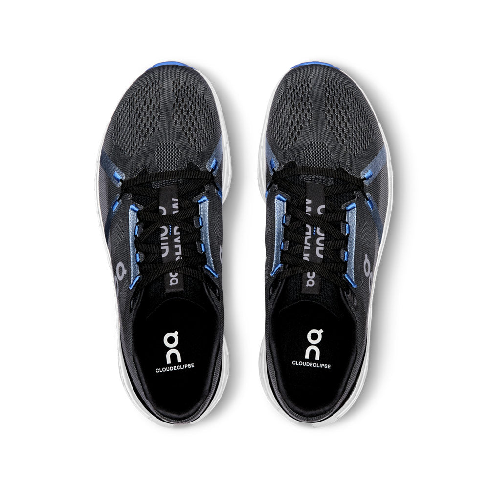 On Cloudeclipse men's running shoes in black with blue details and white sole