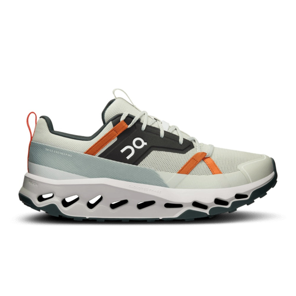 On Cloudhorizon running shoes in aloe green and frost colorway with orange accents