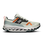 On Cloudhorizon running shoes in aloe green and frost colorway with orange accents