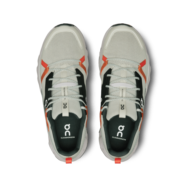 On Cloudhorizon running shoes in aloe and frost colorway with orange details