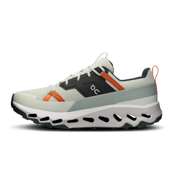 On Cloudhorizon men's running shoe in aloe green and frost colorway with orange accents