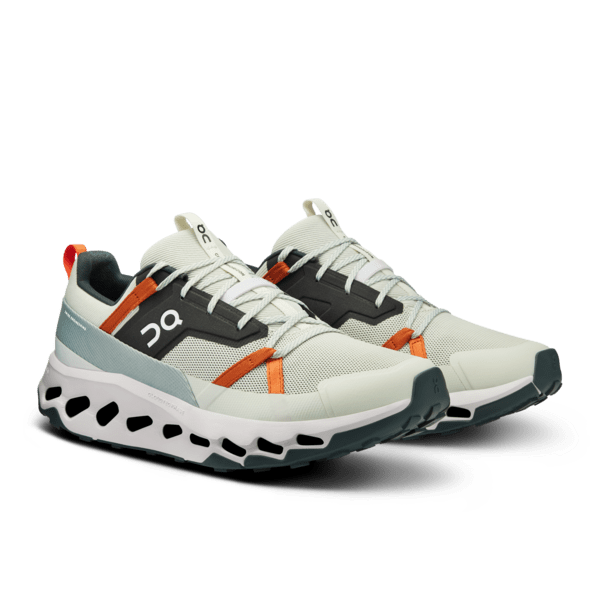On Cloudhorizon men's running shoes in aloe green with orange details and signature sole