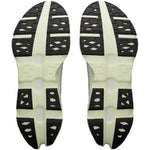 On Running Cloudmonster shoe soles showing ivory colored midsole with black rubber outsole tread pattern