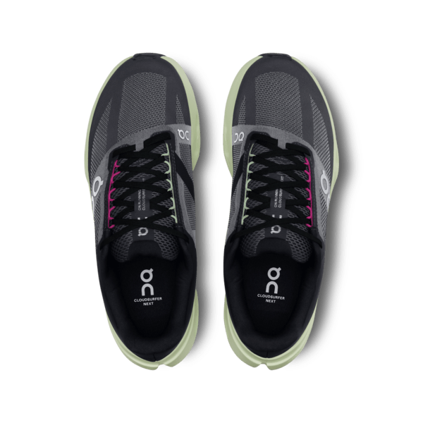 On Cloudsurfer Next women's running shoes in black and gray with lime sole