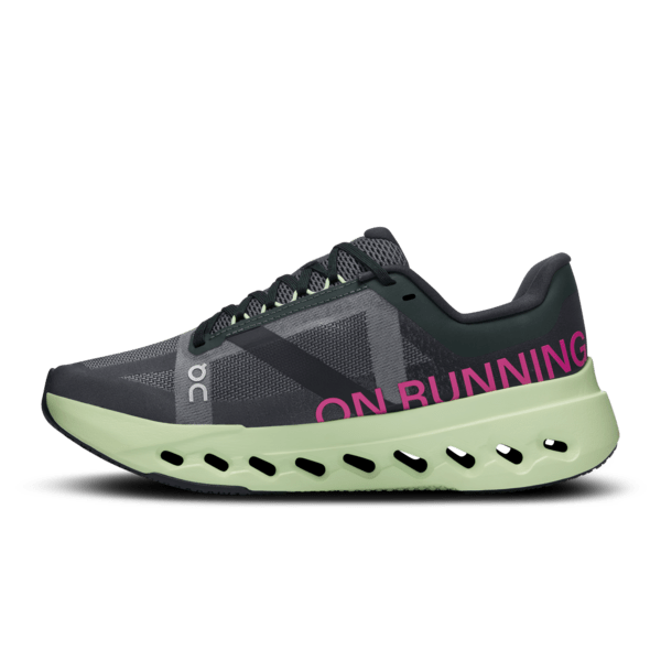 On Cloudsurfer Next women's running shoe in black with lime green sole