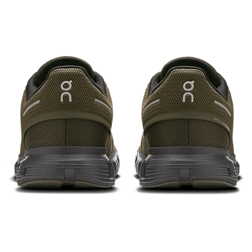 On Cloud 6 men's running shoes in olive and eclipse colorway, rear view