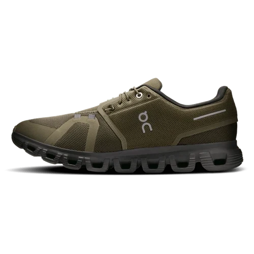 On Cloud 6 men's running shoe in olive green with black CloudTec sole, lateral view