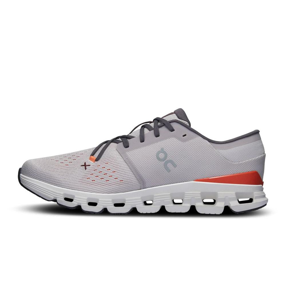 On Cloud X 4 running shoe in silver and flame orange colorway