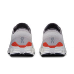 On Cloud X 4 running shoes in silver with orange flame accent, rear view