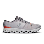 On Cloud X 4 running shoe in silver and flame colorway on white background